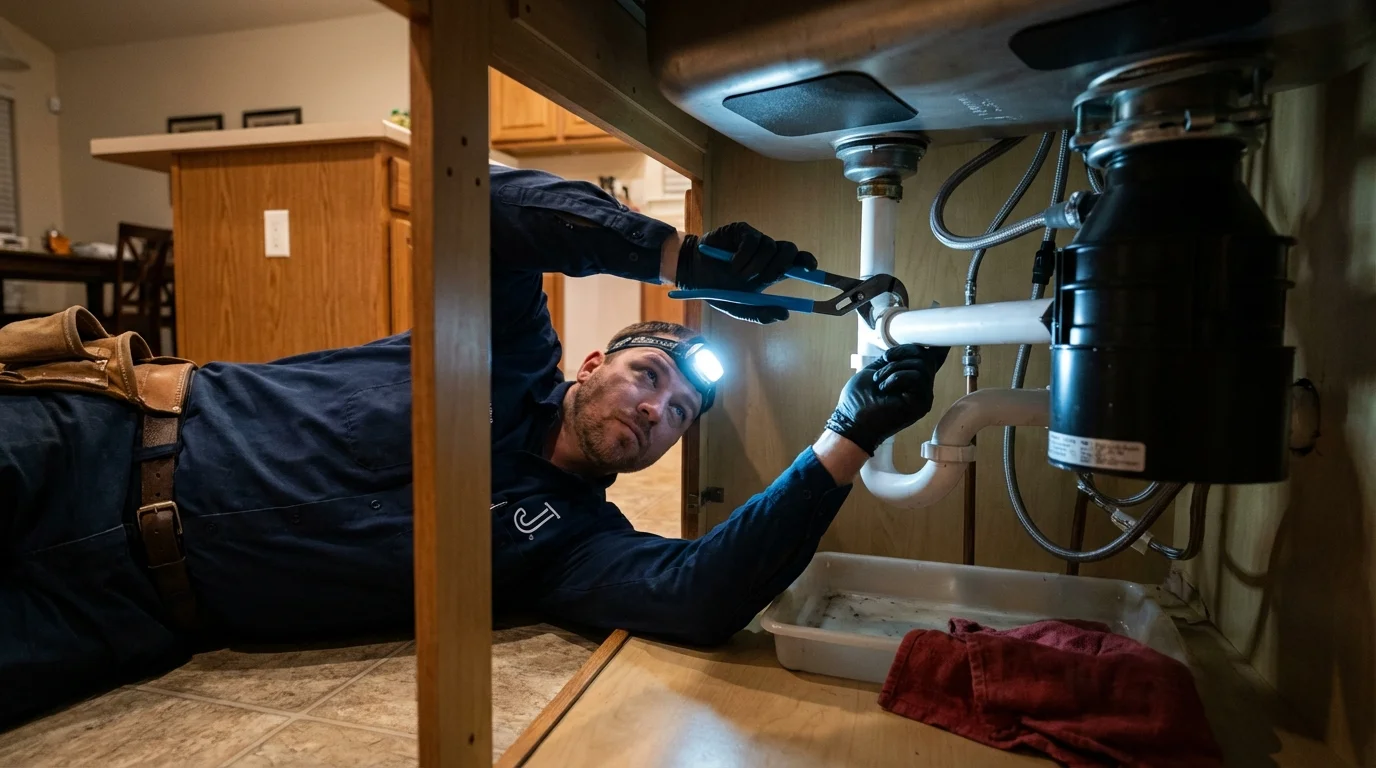 P-trap and supply line connections under a kitchen sink showing a common leak point in Sumner, WA